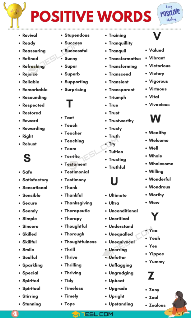 Positive Words Vocabulary List 5