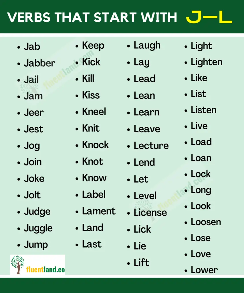 Verbs Vocabulary Word List - Verbs that start with Letters 11