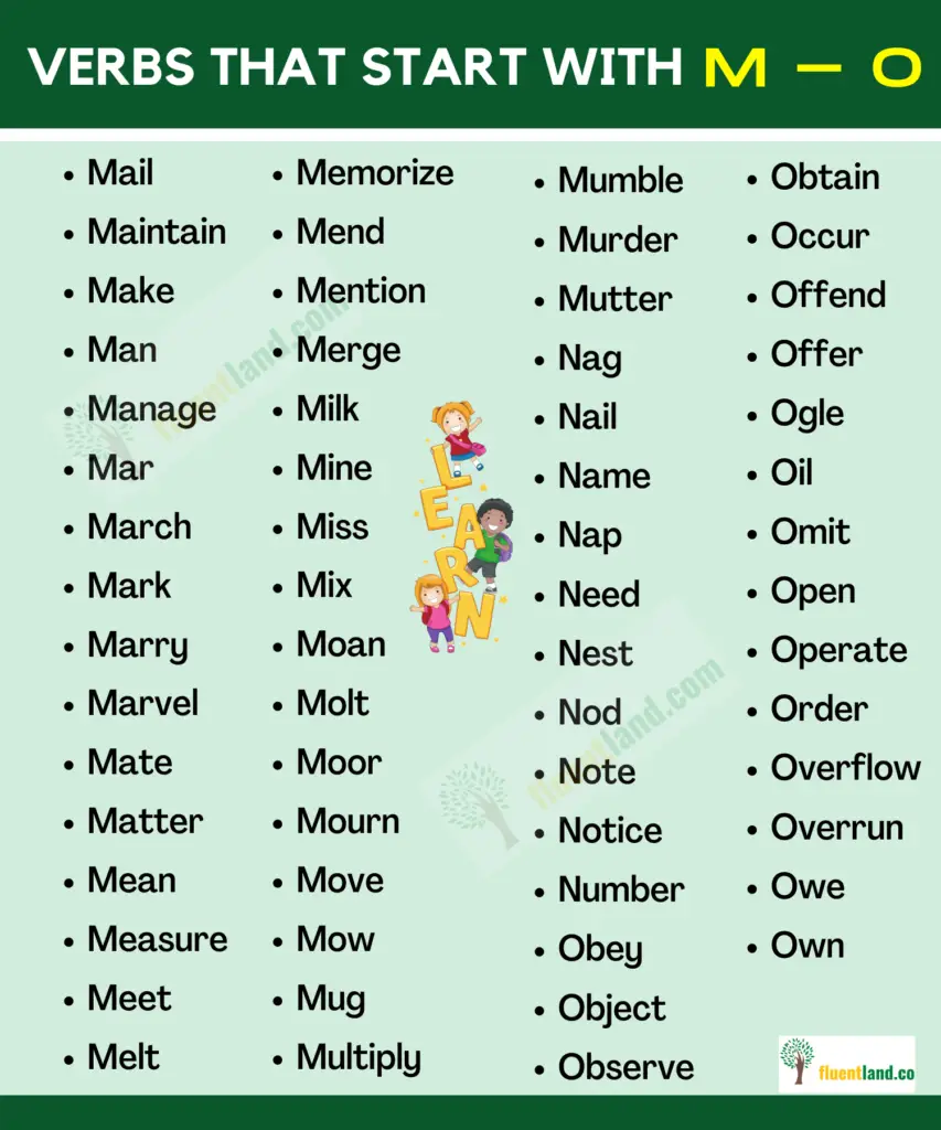 Verbs Vocabulary Word List - Verbs that start with Letters 12