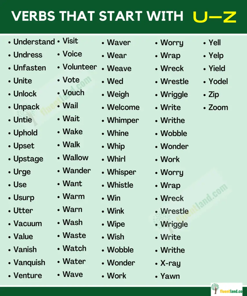Verbs Vocabulary Word List - Verbs that start with Letters 17